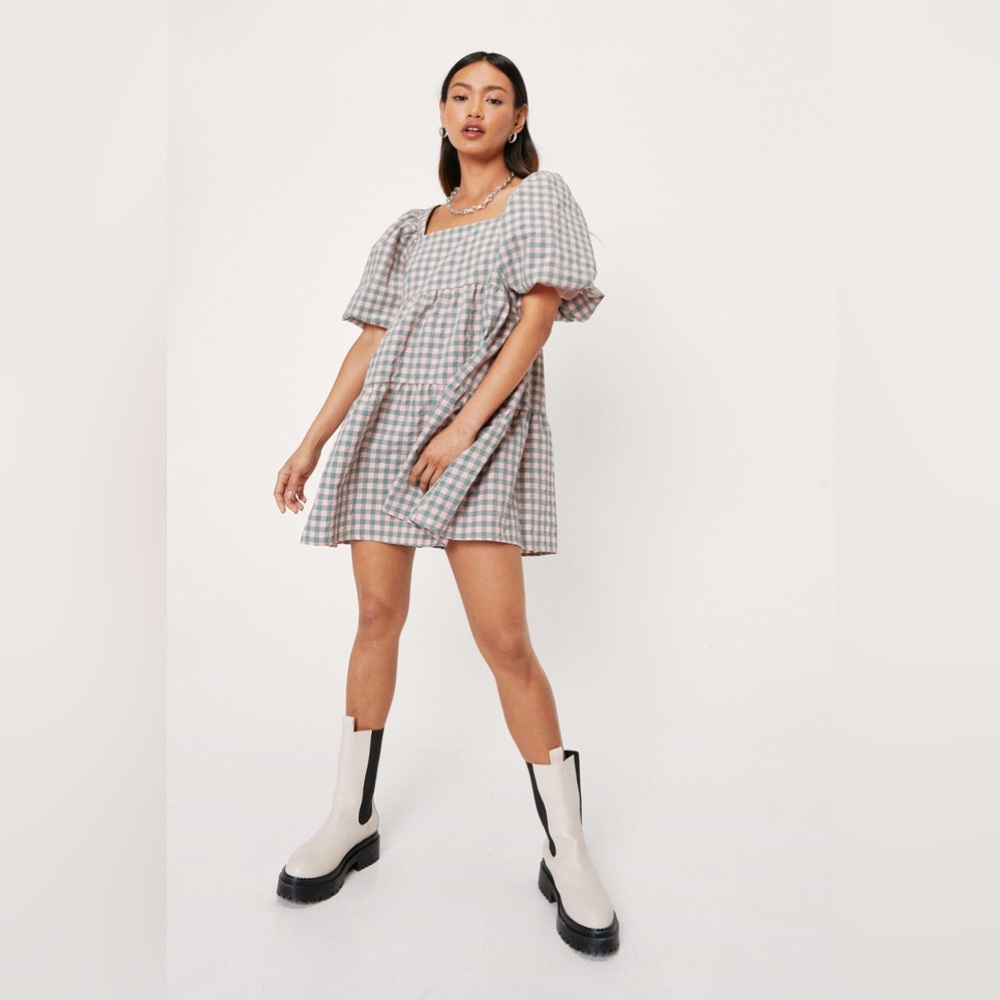Nasty Gal Puff Sleeve Small Mini Dress Pink Gingham Check Smocked Plaid S Tie